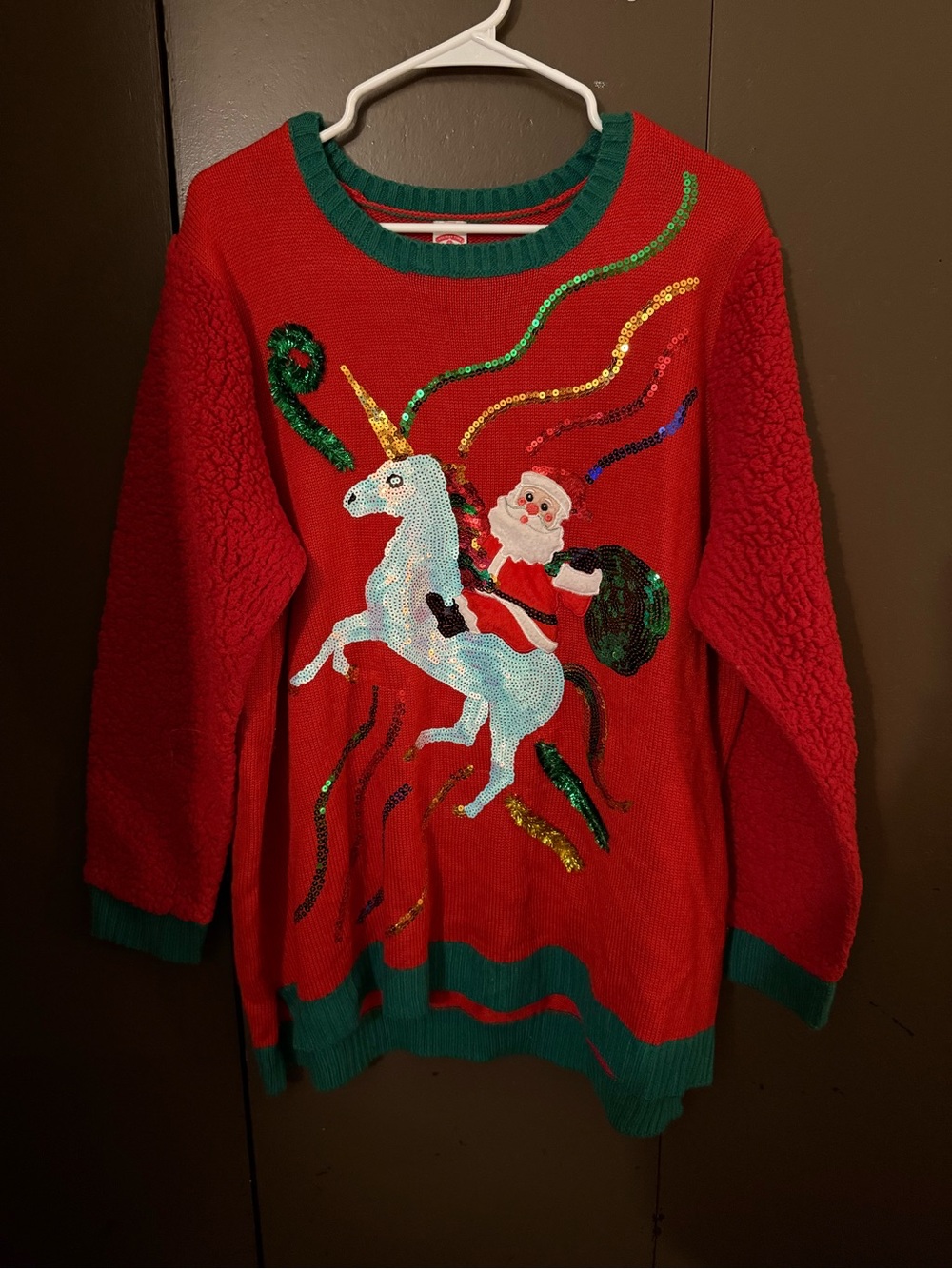 Holiday Time Red Sequin Unicorn & Santa Sweater with Green Trim